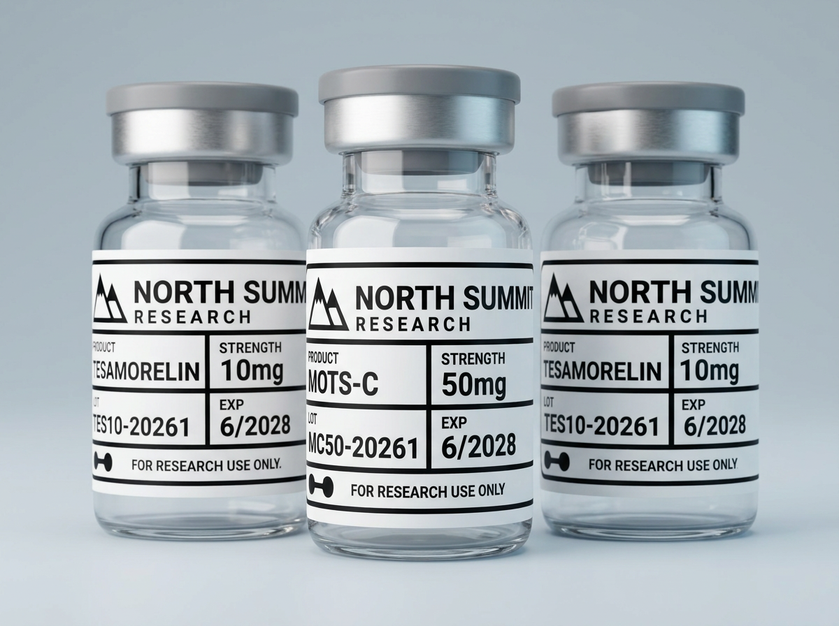 North Summit Research Tesamorelin 10mg and MOTS-c 50mg peptide vials